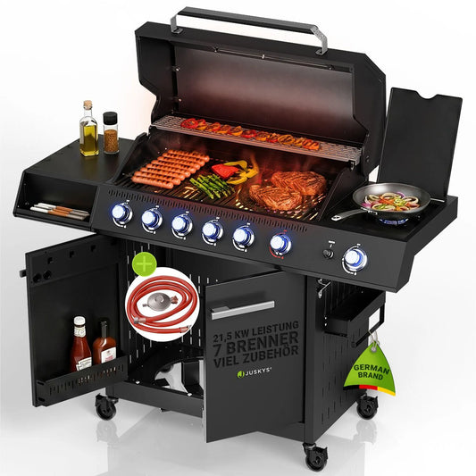 JUSKYS Gasgrill Tennessee 6+1 mit Edelstahlbrennern & LED-Regler und Sichtfenster